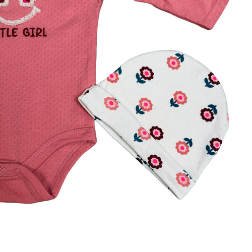 3-Piece Baby Girl Outfit Set – “Mommy’s Little Girl” Bodysuit, Floral Pants & Hat – Soft Cotton