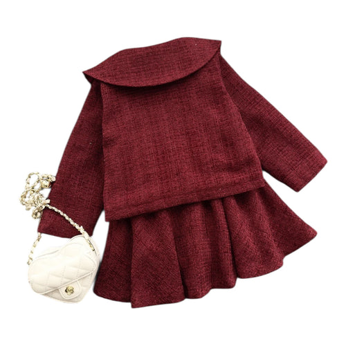 Girls Elegant 2-Piece Fall/Winter Outfit – Tweed Jacket & Skirt Set – Burgundy
