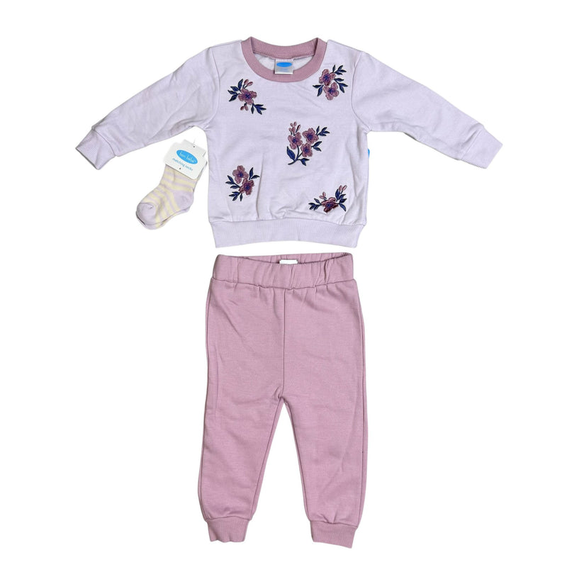 Bon Bébé 3-Piece Baby Girl Outfit Set – Floral Sweatshirt, Pants & Socks |t