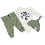 Baby Boy 3-Piece Outfit – “My Favorite Dinos” Bodysuit, Pants & Hat Set