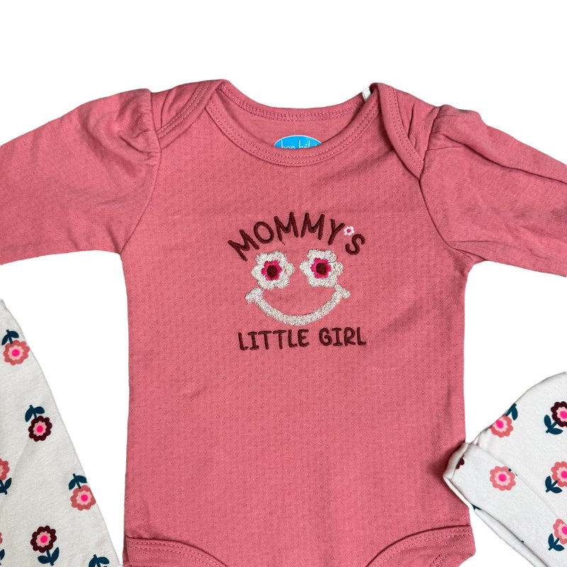 3-Piece Baby Girl Outfit Set – “Mommy’s Little Girl” Bodysuit, Floral Pants & Hat – Soft Cotton