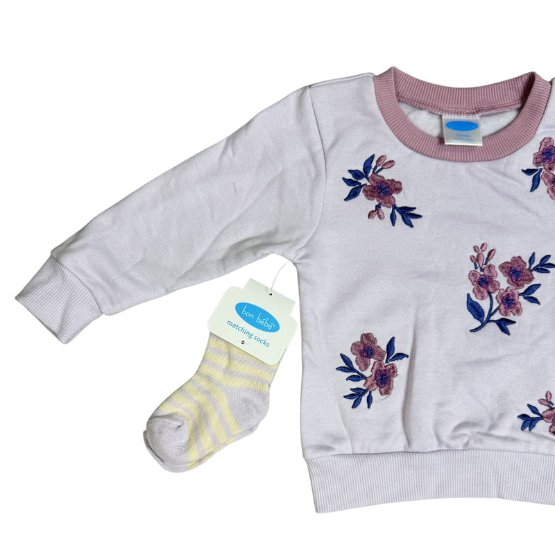 Bon Bébé 3-Piece Baby Girl Outfit Set – Floral Sweatshirt, Pants & Socks |t