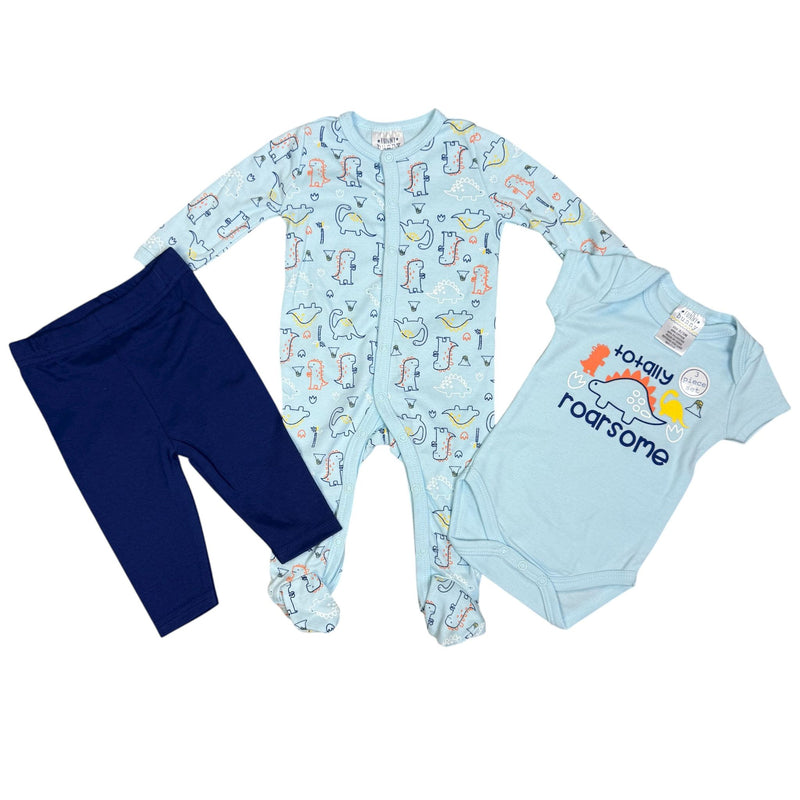 Baby Boys 3-Piece Outfit Set – Dinosaur Theme – Footed Sleeper, Bodysuit & Pants