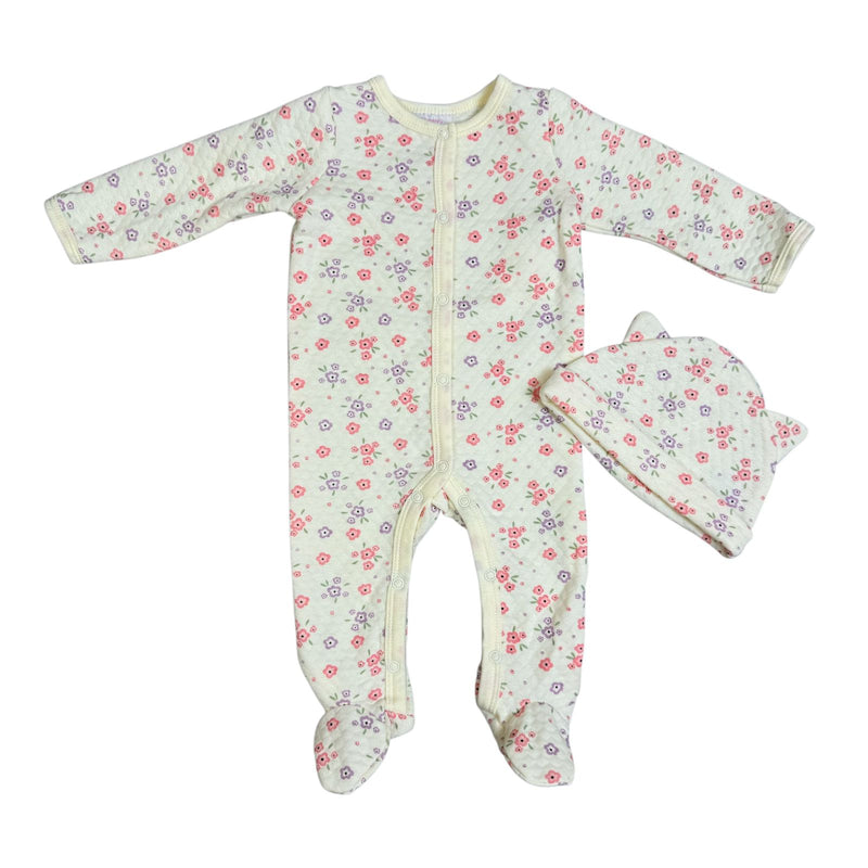 Baby Footed Pajamas with Hat – Floral Print (2-Piece Set)