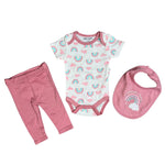 3-Piece Baby Girl Outfit Set – Rainbow Bodysuit, Pink Pants & Bib – Soft Cotton