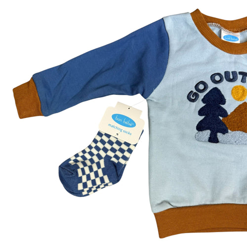 Baby Boys 3-Piece Outfit Set – Sweatshirt, Pants & Socks – “Go Outside” Outdoor Theme