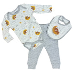 Baby Outfit Set – 3 Pieces – Bodysuit, Pants & Bib – Bear & Moon Print