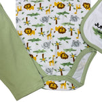 Baby Boys 3-Piece Outfit Set – Jungle Animals – Bodysuit, Pants & Bib