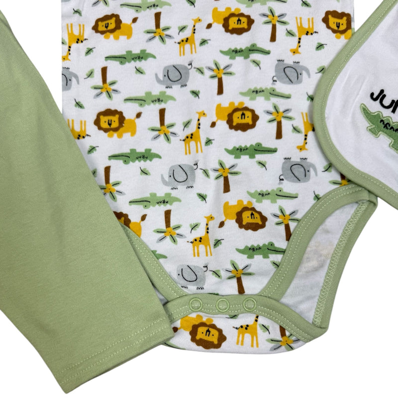 Baby Boys 3-Piece Outfit Set – Jungle Animals – Bodysuit, Pants & Bib