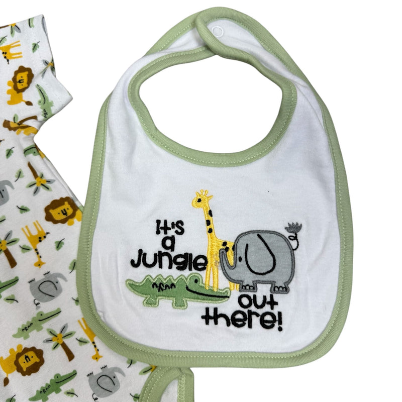 Baby Boys 3-Piece Outfit Set – Jungle Animals – Bodysuit, Pants & Bib
