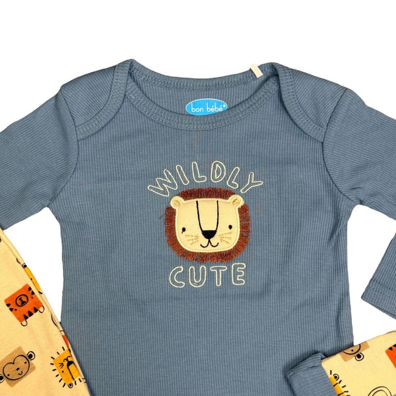 Baby Boys 3-Piece Outfit Set – Long Sleeve Bodysuit, Pants & Hat – Jungle Animals