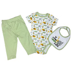 Baby Boys 3-Piece Outfit Set – Jungle Animals – Bodysuit, Pants & Bib