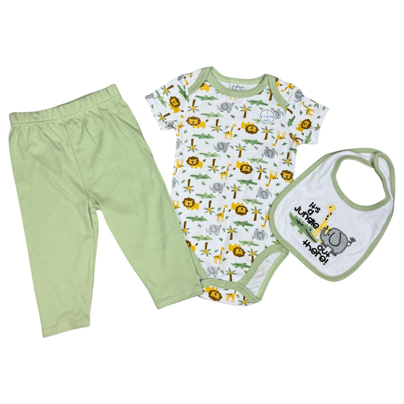 Baby Boys 3-Piece Outfit Set – Jungle Animals – Bodysuit, Pants & Bib
