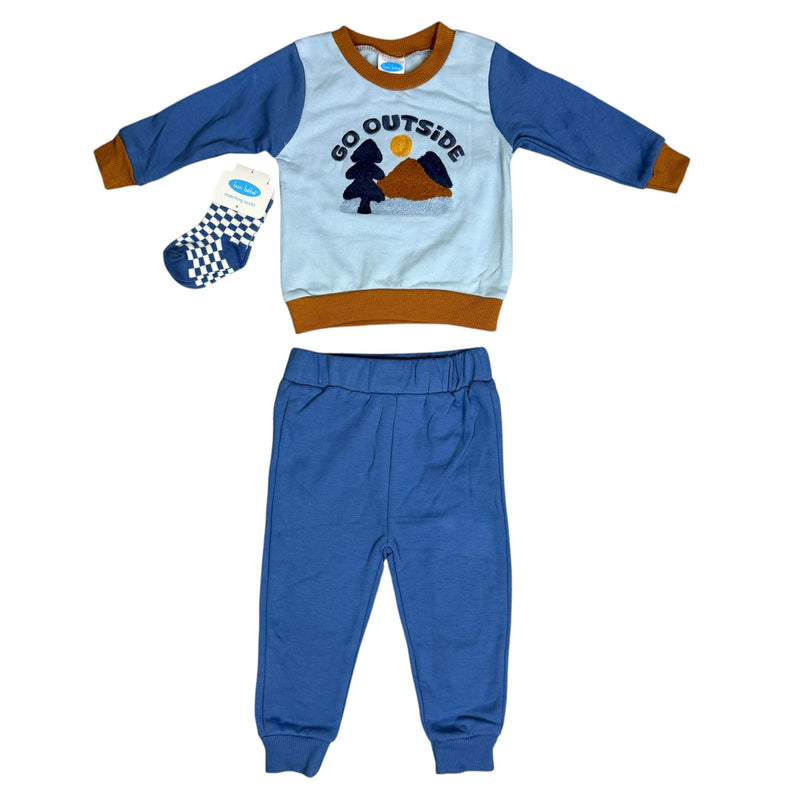 Baby Boys 3-Piece Outfit Set – Sweatshirt, Pants & Socks – “Go Outside” Outdoor Theme