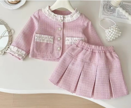 Girls Pink Tweed 2-Piece Outfit Set – Pearl Button Jacket & Pleated Skirt – Luxury Toddler Clothing