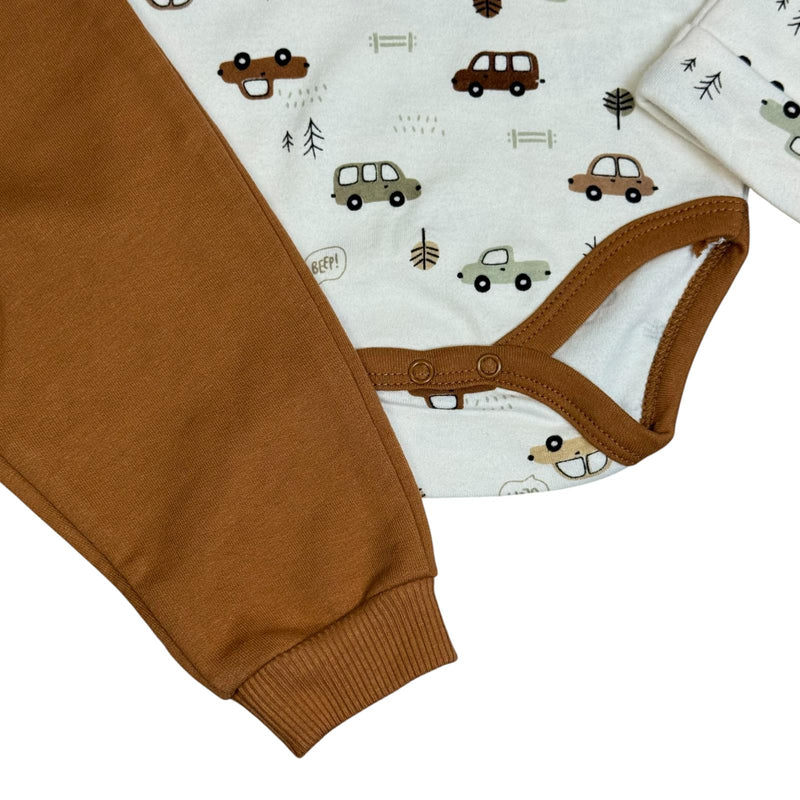 Baby Boys 3-Piece Outfit Set – Long Sleeve Bodysuit, Pants & Hat – Car Print