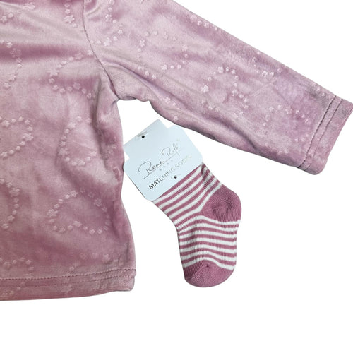 Rene Rofé Baby 3-Piece Velour Outfit Set – Pink Hearts with Matching Socks