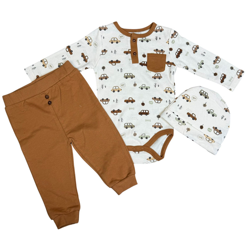 Baby Boys 3-Piece Outfit Set – Long Sleeve Bodysuit, Pants & Hat – Car Print