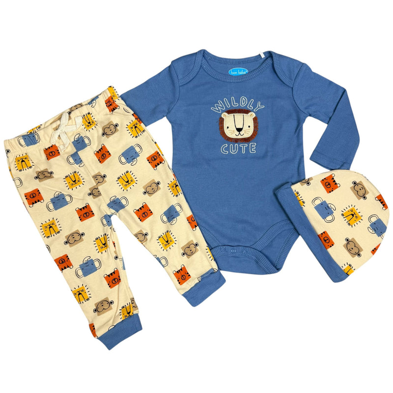 Baby Boys 3-Piece Outfit Set – Long Sleeve Bodysuit, Pants & Hat – Jungle Animals
