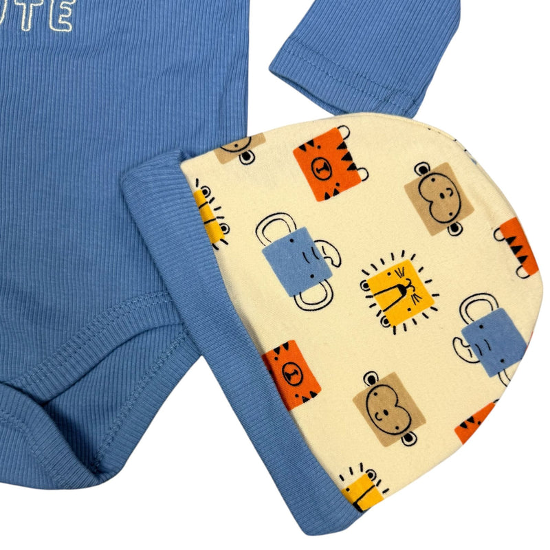 Baby Boys 3-Piece Outfit Set – Long Sleeve Bodysuit, Pants & Hat – Jungle Animals