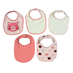 5-Pack Baby Girl Bibs – Pink Cat, Polka Dots & Solid Colors – Soft Cotton
