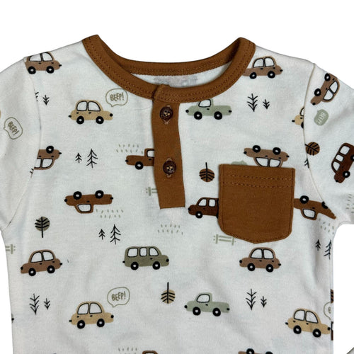Baby Boys 3-Piece Outfit Set – Long Sleeve Bodysuit, Pants & Hat – Car Print