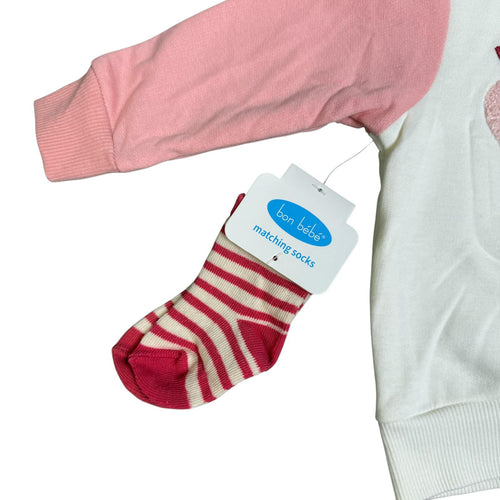 3-Piece Baby Girl Outfit Set – Apple Sweatshirt, Pants & Matching Socks – Soft Cotton