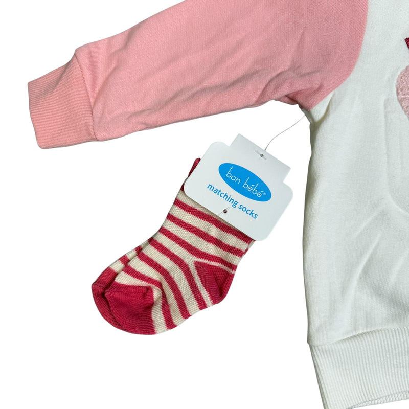 3-Piece Baby Girl Outfit Set – Apple Sweatshirt, Pants & Matching Socks – Soft Cotton