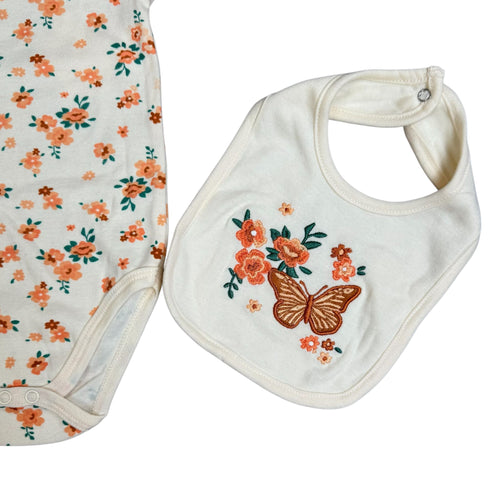 Baby Girl 3-Piece Outfit Set – Floral Bodysuit, Pants & Bib