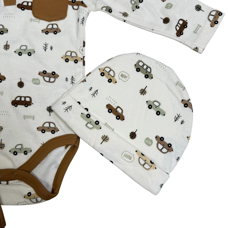 Baby Boys 3-Piece Outfit Set – Long Sleeve Bodysuit, Pants & Hat – Car Print