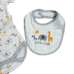 3-Piece Baby Outfit Set – Safari Animals Bodysuit, Gray Pants & Bib – “Cutie Club”