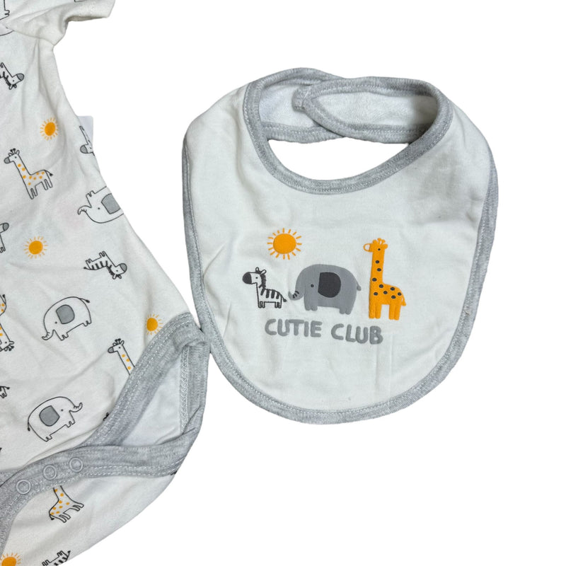 3-Piece Baby Outfit Set – Safari Animals Bodysuit, Gray Pants & Bib – “Cutie Club”