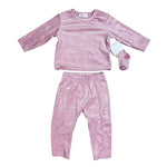 Rene Rofé Baby 3-Piece Velour Outfit Set – Pink Hearts with Matching Socks