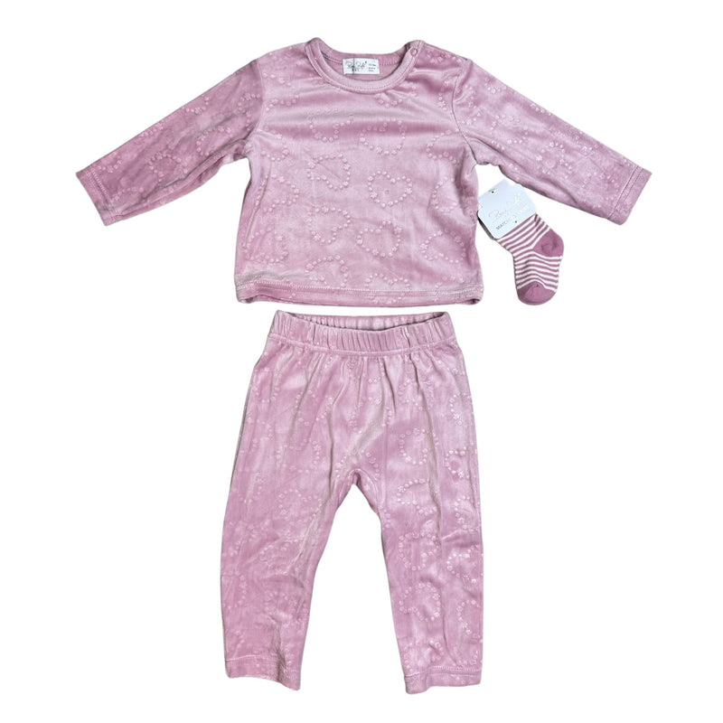 Rene Rofé Baby 3-Piece Velour Outfit Set – Pink Hearts with Matching Socks