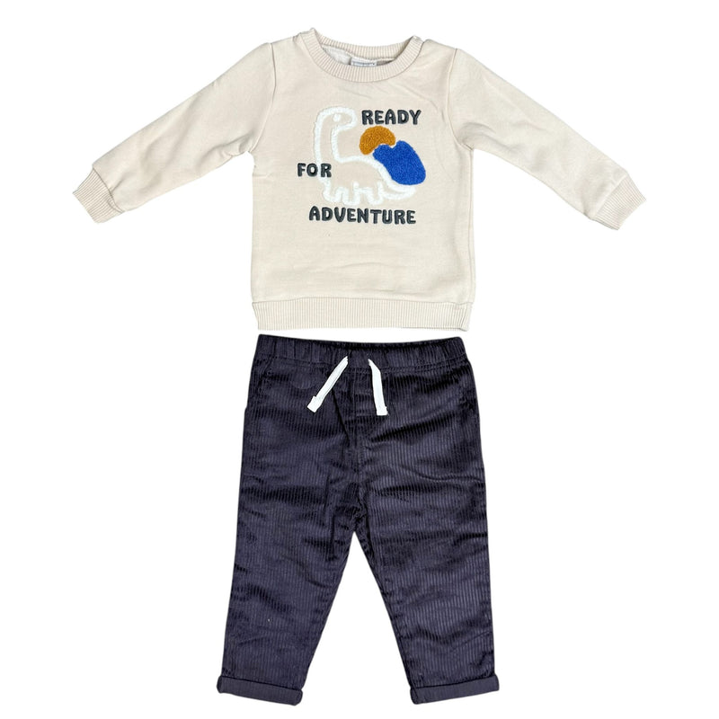 Baby Boy 2-Piece Outfit – “Ready for Adventure” Dinosaur Sweatshirt & Corduroy Pants