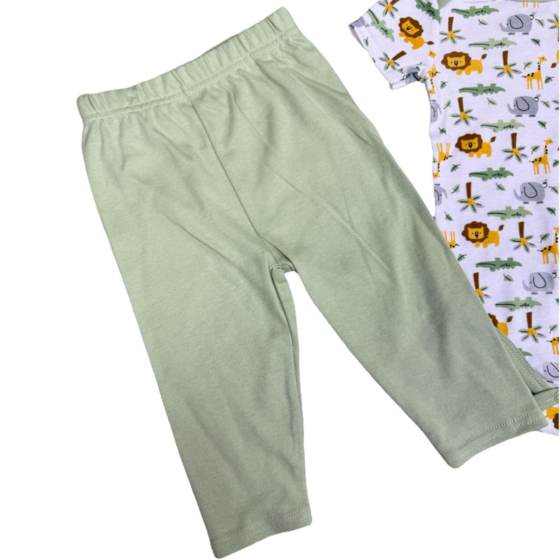 Baby Boys 3-Piece Outfit Set – Jungle Animals – Bodysuit, Pants & Bib