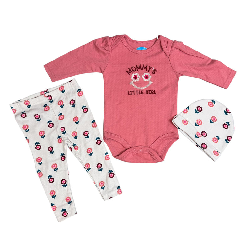 3-Piece Baby Girl Outfit Set – “Mommy’s Little Girl” Bodysuit, Floral Pants & Hat – Soft Cotton