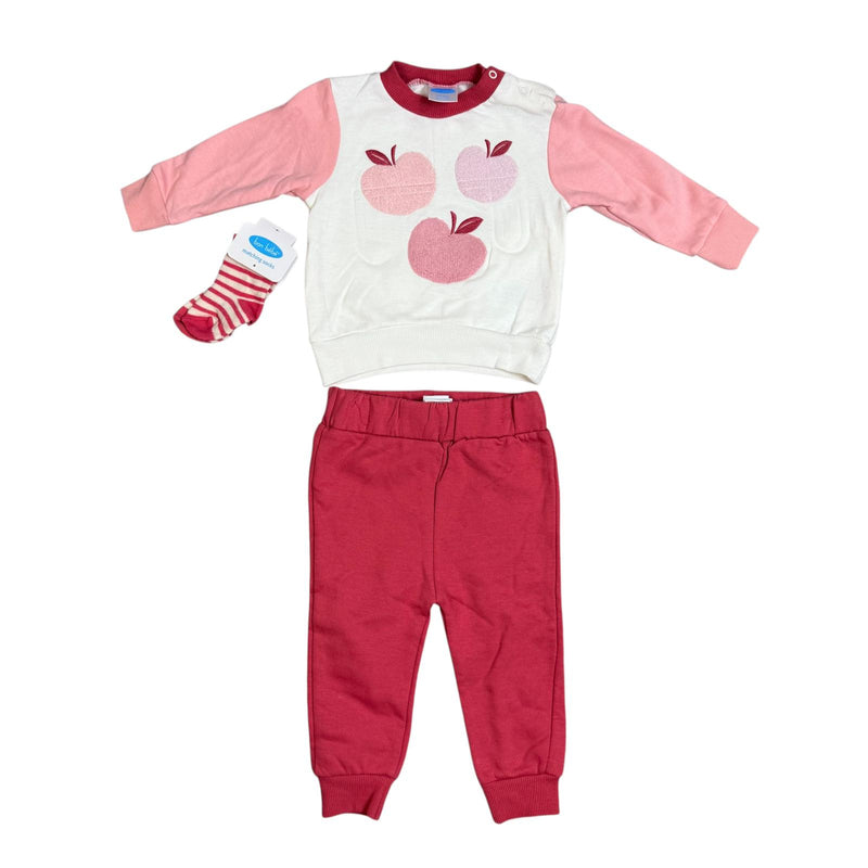 3-Piece Baby Girl Outfit Set – Apple Sweatshirt, Pants & Matching Socks – Soft Cotton