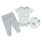 3-Piece Baby Outfit Set – Safari Animals Bodysuit, Gray Pants & Bib – “Cutie Club”