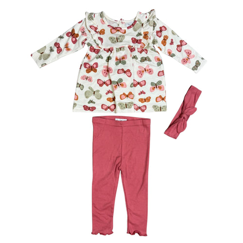 3-Piece Baby Girl Outfit Set – Butterfly Top, Pink Leggings & Headband – Soft Cotton