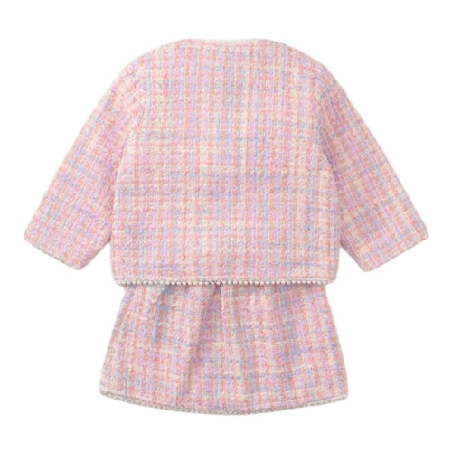 Baby Girl Tweed Pearl 2-Piece Outfit – Jacket + Skirt – Elegant Pastel Set