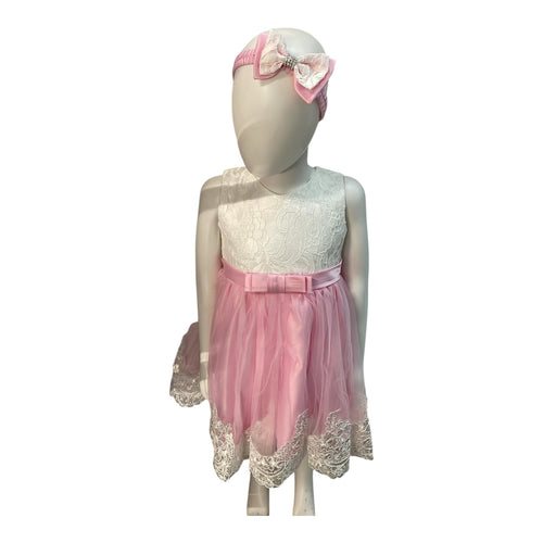 Baby Girl Pink Lace Dress w/ Bow & Headband 6–24M – Birthday, Party, Wedding, Christening Outfit